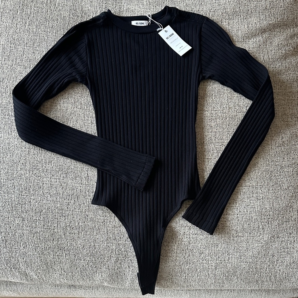 Re/Done Black Ribbed Bodysuit
